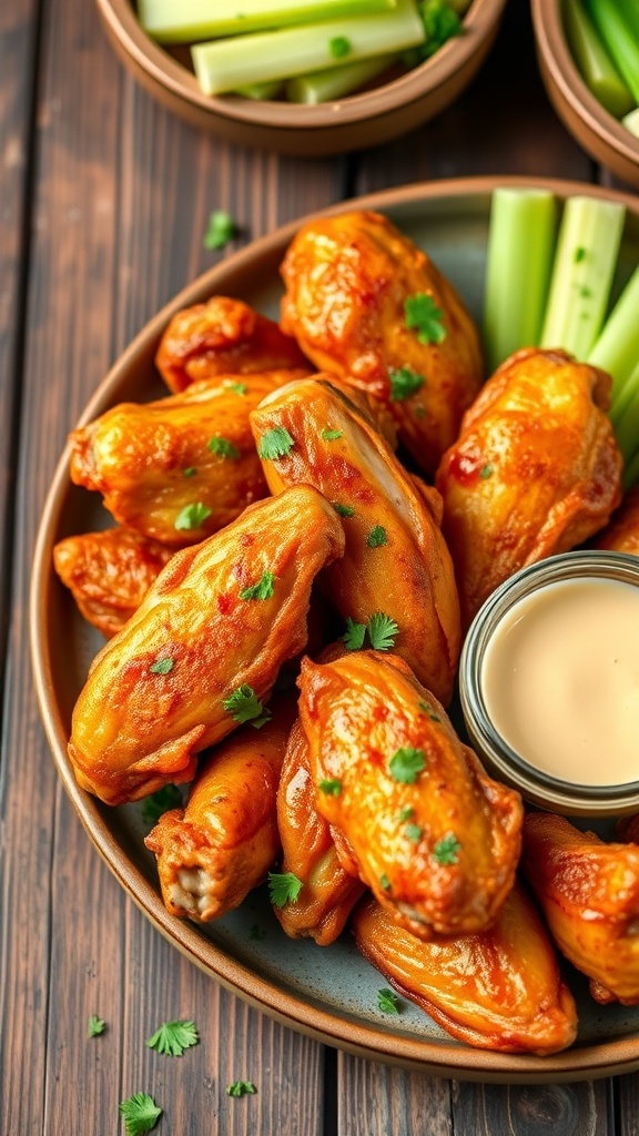 Crispy air fryer chicken wings on a plate with dipping sauce and celery sticks.